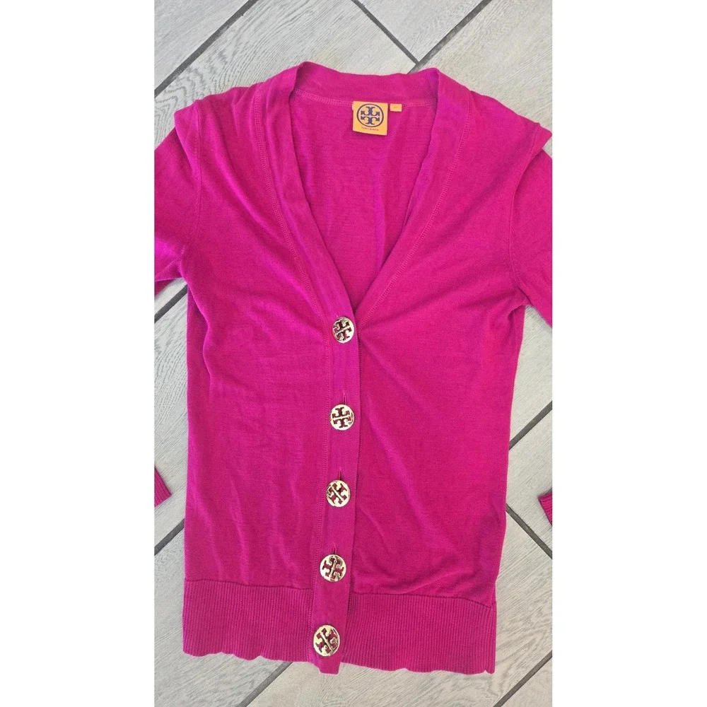 Tory Burch Simone Cardigan Magenta Pink Cotton Gold Logo Button Sweater XS